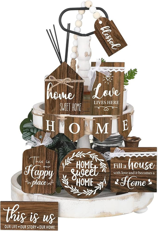 Set of 11 Farmhouse Tiered Tray Decor Rustic Home Tiered Tray Decorations Set Home Wooden Signs Farmhouse Tabletop Wood Signs for Kitchen Table Shelf Decor