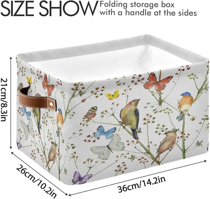 Watercolor Bird Butterfly Storage Basket Bin for Shelves Closet Vintage Foldable Fabric Storage Box Cube with Handles Kids Gifts Toys Cloth Shelf Basket Organizer for Bedroom Nursery Home Decor