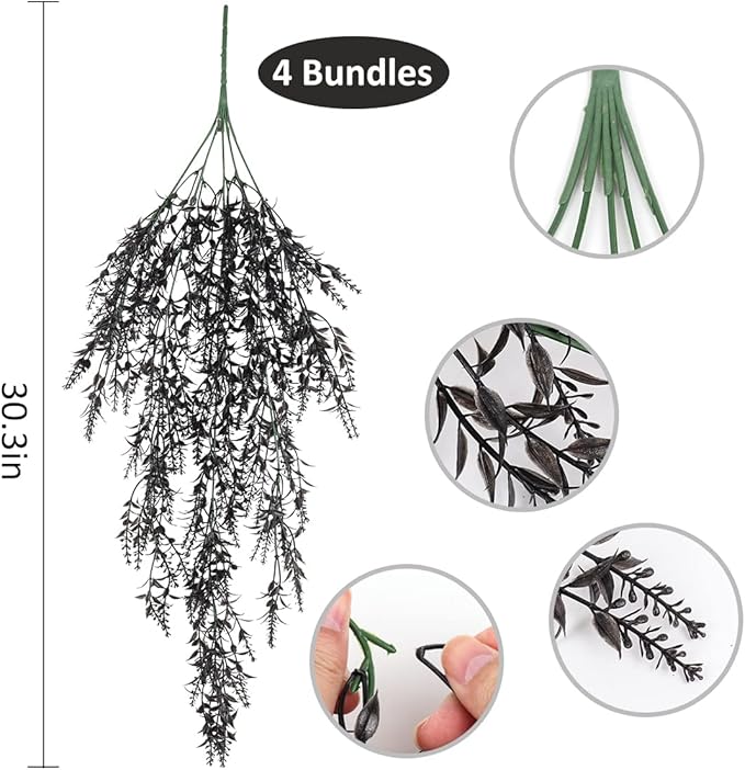 RECUTMS Artificial Hanging Plants Fake Lavender Faux UV Resistant Flowers Indoor Outside Decorations,4 Packs (Black)