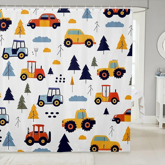 Feelyou Excavator Shower Curtain Cartoon Car Bathroom Shower Curtain Set Construction Vehicles Bath Curtain for Kids Boys Girls Equipment Trucks Kids Bathroom Accessories 72"x84"