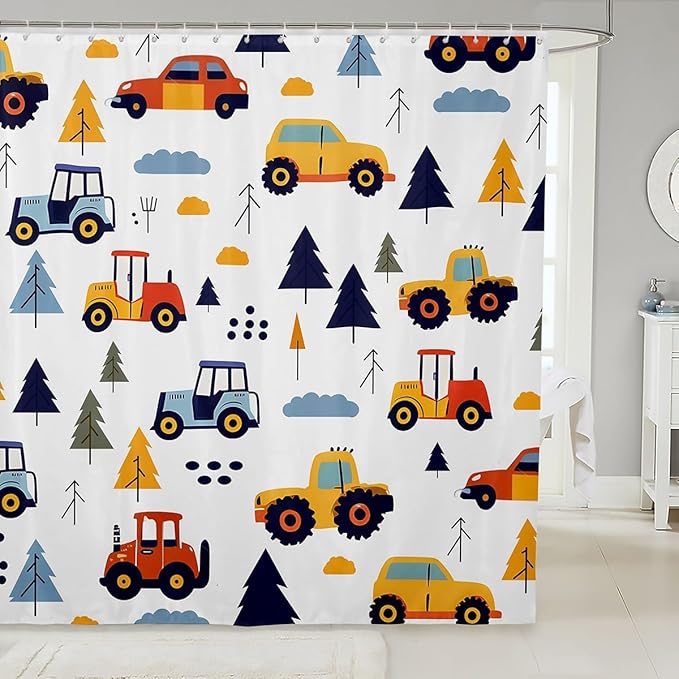 Feelyou Excavator Shower Curtain Cartoon Car Bathroom Shower Curtain Set Construction Vehicles Bath Curtain for Kids Boys Girls Equipment Trucks Kids Bathroom Accessories 72"x78"