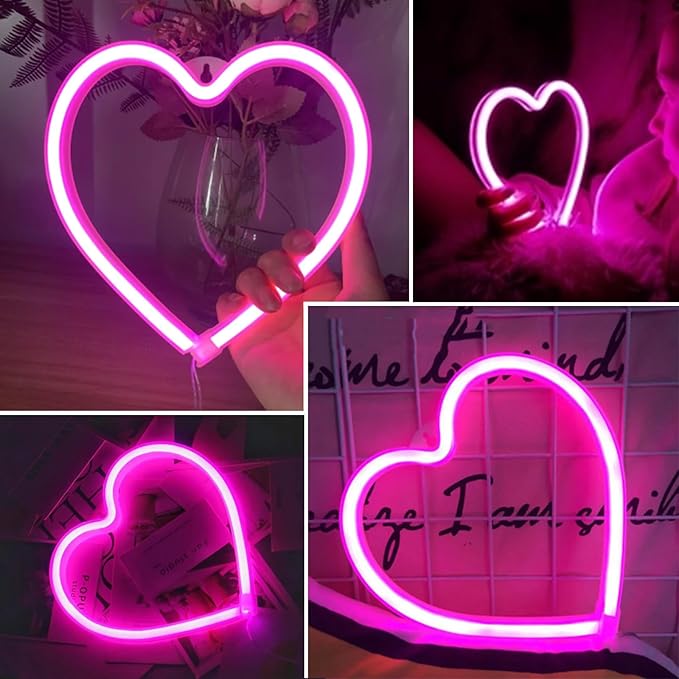 Pink Heart Neon Sign, Battery Operated or USB Powered Mothers Day Lights, LED Decorative Lamp, Table and Wall Decoration for Galentines Day, Wedding Anniversary, Girl's Room Party Birthday Home Décor
