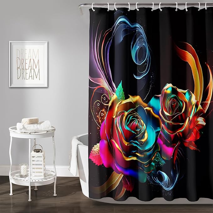 AILONEN Gold Rose Flower Shower Curtain for Kids Girls Teens,Butterfly Rose Flower Bath Curtain for Bathroom Decor,Romantic Polyester Waterproof with 12 Plastic Hooks 72" W*78" H