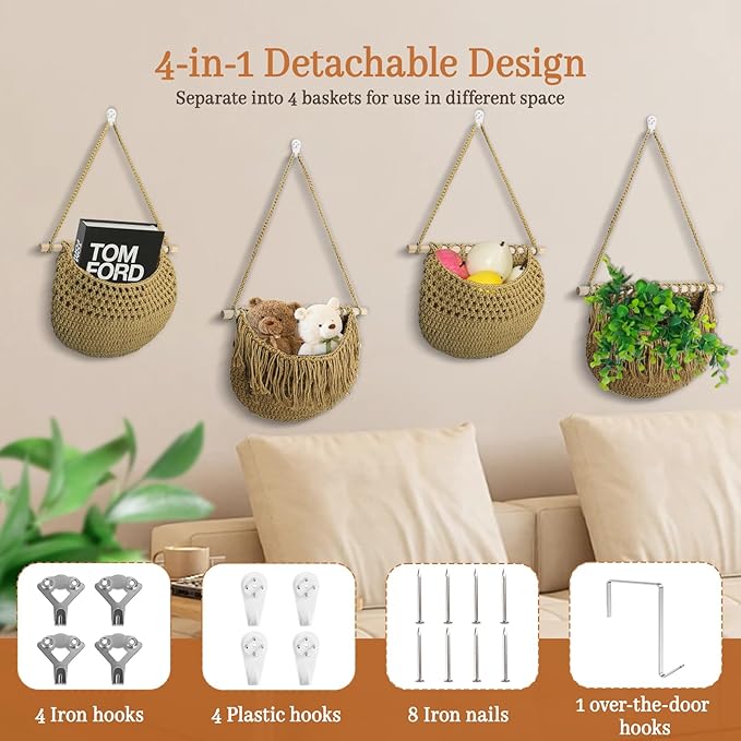 4 Tier Hanging Fruit Basket for Kitchen, 4 Pack Detachable Cotton Crocheted Wall Hanging Baskets Shelf Over Door Organizer for Fruit Veggie Plant, Hanging Storage Basket for Bathroom Bedroom(Brown)