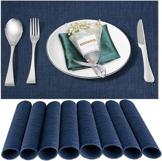 Placemats Set of 8,Washable,Heat and Stain Resistant Indoor/Outdoor Place mats, Vinyl Woven Non Slip Table Mats for Restaurant Table Protection, PVC Table Placemats.(Navy Blue,8PCS)
