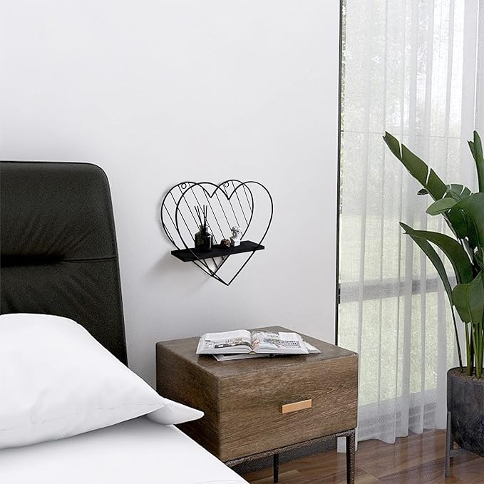 Afuly Floating Shelves - Black Wall Shelf, Heart Shaped Modern Minimalist Storage Rack Organizer for Bedroom, Bathroom, Living Room Home Decor