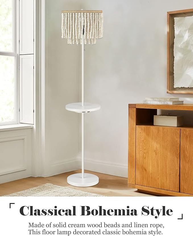 ELYONA Boho Standing Light Birch Wood Beaded Table Floor Lamp with USB Type-C Charging Ports and Outlet, 58" Tall Reading Lamp, Side Table Lamp for Farmhouse Bedroom Livingroom Girl Room, White