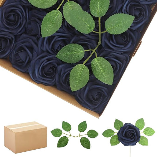 200PCS Navy Blue Artificial Flowers Roses Real Looking Foam Fake Roses with Leaves and for DIY Wedding Bouquets Bridal Shower Centerpieces Party Decorations (Navy Blue, 200)