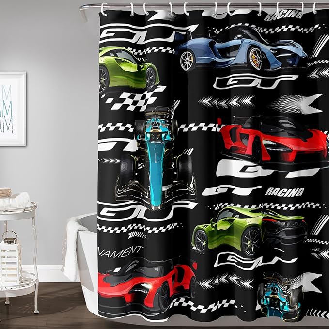 AILONEN Boys Racing Car Shower Curtain,Extreme Sports Car Bath Curtain for Kids Teen,Cool Speed Car Racer Waterproof Black Curtain for Bathroom Decor, 72" W x 78" H