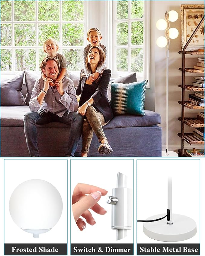 60IN Dimmable (Brightness Adjustable) White Pole Floor Lamp, Modern Standing Lamps with 4 Globe Soft Warm White 3000K Bulbs, Mid Century Floor Lamp for Living Room Bedroom Home Decor