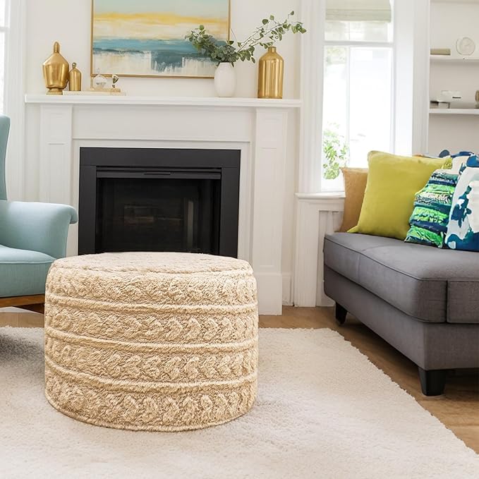 Round Pouf Ottoman Foot Rest 20x14 Inches Soft Heart Printed Footstool Ottomans for Living Room Comfort Floor Pouf Modern Foam Stuffed Poofs Perfect to Rest Your Feet for Couch Desk Light Coffee
