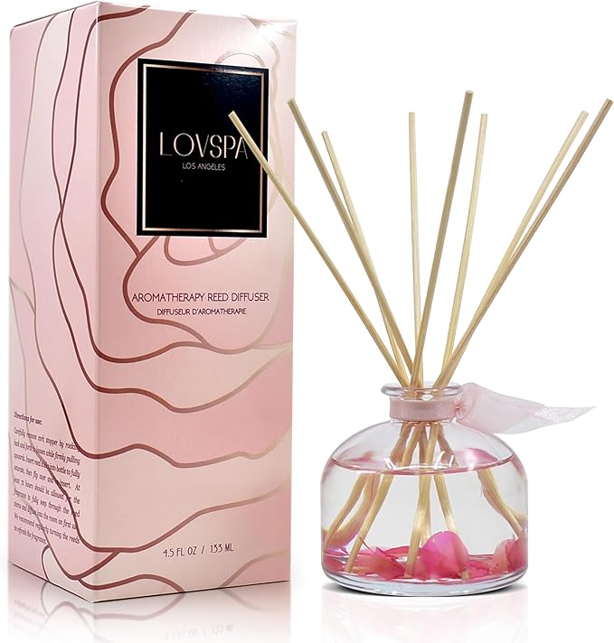 LOVSPA Moroccan Rose Scented Sticks Reed Diffuser Set – Soothing Floral Blend of Rose Essential Oils, 4.5 Ounces, Made in The USA