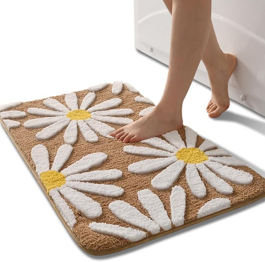 QJHOMO Brown Bathroom Rugs Cute Daisy Bath Mat White and Yellow Flower Decor Rug Non Slip Floor Carpet Microfiber Bathmat Super Absorbent Machine Washable Bathtub Mats for Shower (20x32 inch)