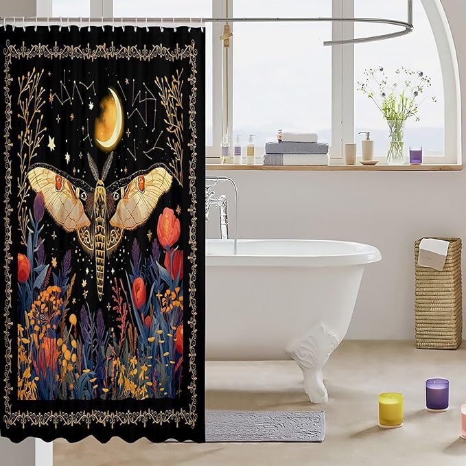 Feelyou Boho Golden Butterfly Fabric Shower Curtain Bohemian Moth Shower Curtain for Kids Moon Galaxy Black Bathroom Waterproof Accessories with 12 Hooks Flower Weed Botanical Curtains,72X84 Inches