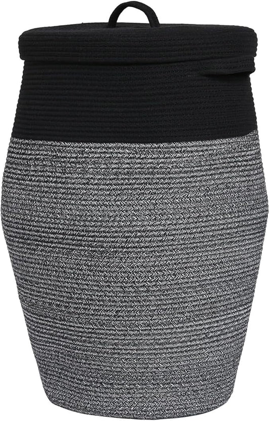 26" x 20" Tall Extra Large Storage Basket with Lid, Cotton Rope Storage Baskets, Woven Laundry Hamper with Cover, for Clothes Blanket in Living Room, Black in Black Light Grey Mix