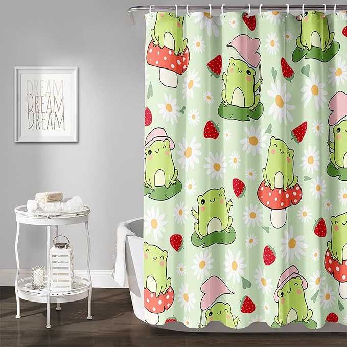 AILONEN Cute Frog Shower Curtain for Bathroom, Kawaii Strawberry and Frog Bath Curtain,Mushroom Frog Kids Girls Waterproof Curtain with 12 Plastic Hooks(72" W*78" H)