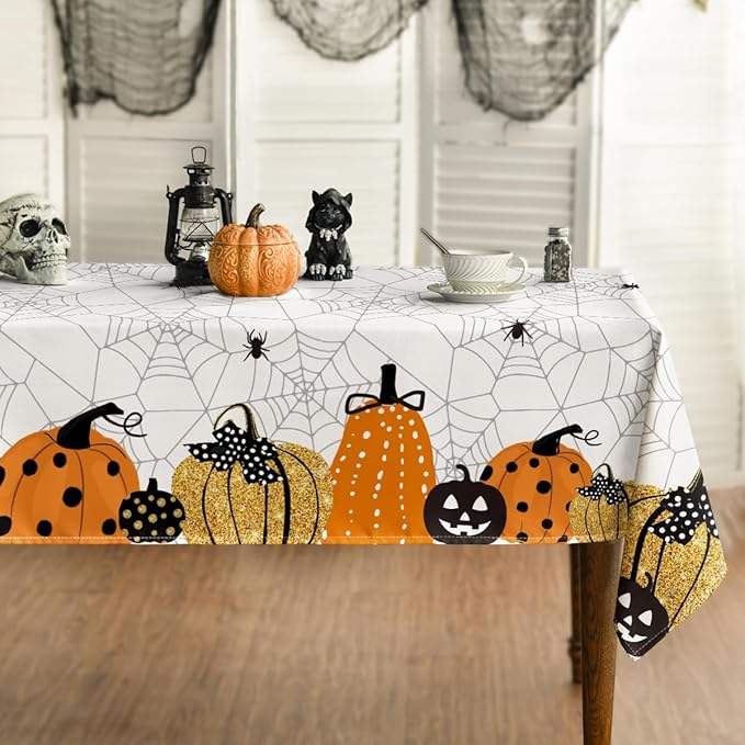 Horaldaily Halloween Tablecloth 60x60 Inch Square, Jack-O-Lantern Pumpkin Cobweb Scary Themed Washable Table Cover for Party Picnic Dinner Decor