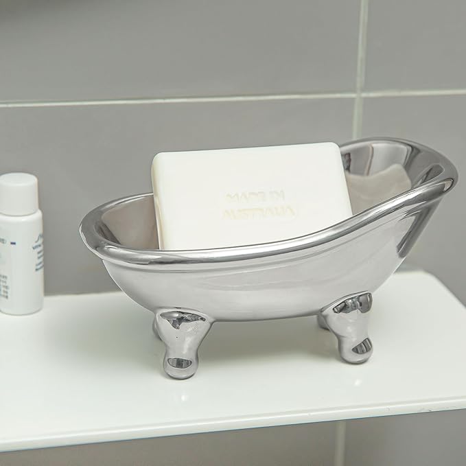 5.6" Ceramic Mini Bathtub Soap Dish Decortative Clawfoot Bathroom Soap Dish (Silver)