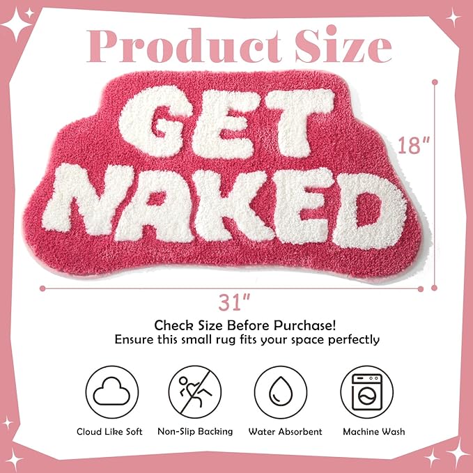 Irregular Shaped Get Naked Bath Mat Hot Pink - Fun Bath mat, Small Preppy Bathroom Decor, Funny Aesthetic Bathroom Rugs for Apartmen Decor, Non-Slip Hot Pink Bath Rugs for Girls 31" x 18"