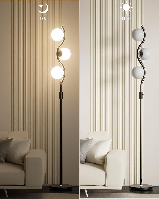 60IN Dimmable (Brightness Adjustable) Black Floor Lamp, Modern Standing Lamps with 3 Globe Soft Warm White 3000K Bulbs, Mid Century Floor Lamp for Living Room Bedroom Home Decor