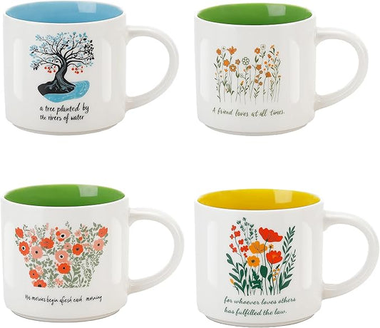 Christian Ceramic Mug Set of 4 – 15oz Inspirational Coffee Mugs with Scripture Quotes – Unique Religious Gift for Home, Office, or Church