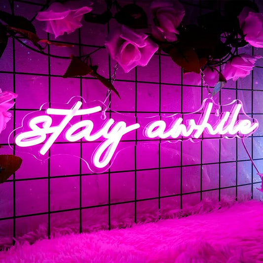 Pink Stay Awhile Neon Signs - IMEGINA Dimmable LED Bar Neon Sign for Wall Decor 19.7x5 Inch, USB Powered Cool Neon Light for Bedroom Home Room Pub Party, Birthday Christmas Gift