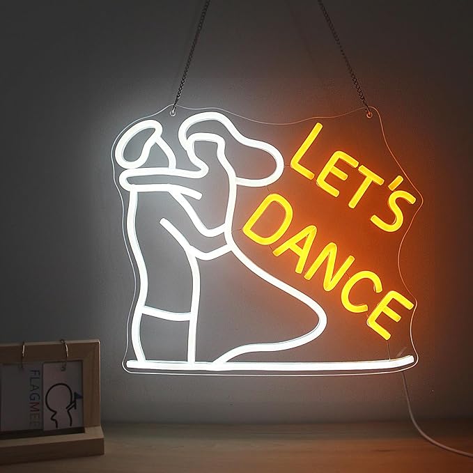 Let's Dance Neon Sign for Wedding, Birthday, Bedroom Wall Decor, Happy Hour, Good Vibes - Dimmable LED Light Strip, 5V Charger, User Manual