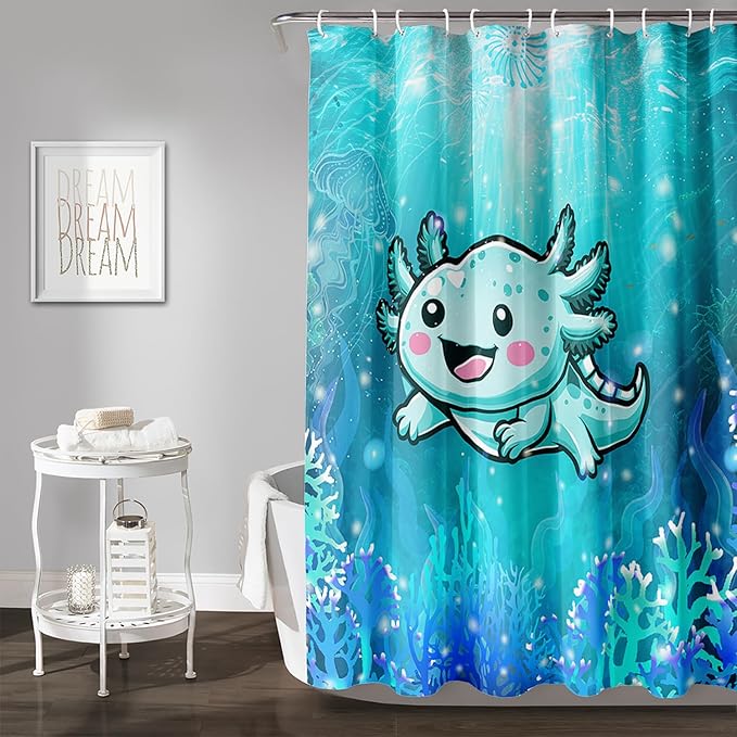 AILONEN Cute Axolotl Kids Shower Curtain for Bathroom,Blue Ocean Jellyfish Coral Print Bath Curtain 72" W*96" H,Girls Boys Kawaii Salamander Decorative Waterproof with 12 Plastic Hooks