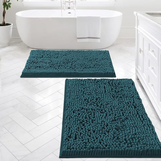 H.VERSAILTEX Bath Mats - Luxury Chenille Non Slip Bathroom Rugs, Extra Soft, Absorbent, Shaggy, Washable, Fast Dry 2 Piece (Dark Teal, 24" x 36"/20" x 32")