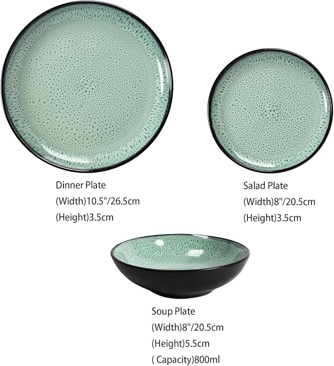 Tudor 6-Piece Dinnerware Set,Service for 2,Green, Reactive Glaze Dish Set, Plates and Bowls Set,Premium Quality Tableware, Unique Pattern, Glossy