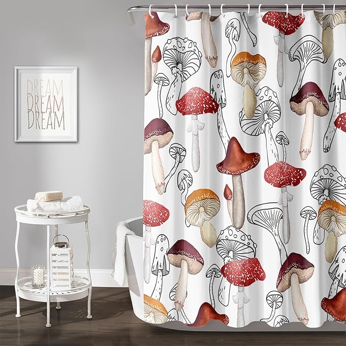 AILONEN Cartoon Mushroom Shower Curtain,Modern Shabby Chic Plants Fungus Themed Waterproof Bath Curtain,Minimalist Curtain for Bathroom Decor, 48" W x 72" H