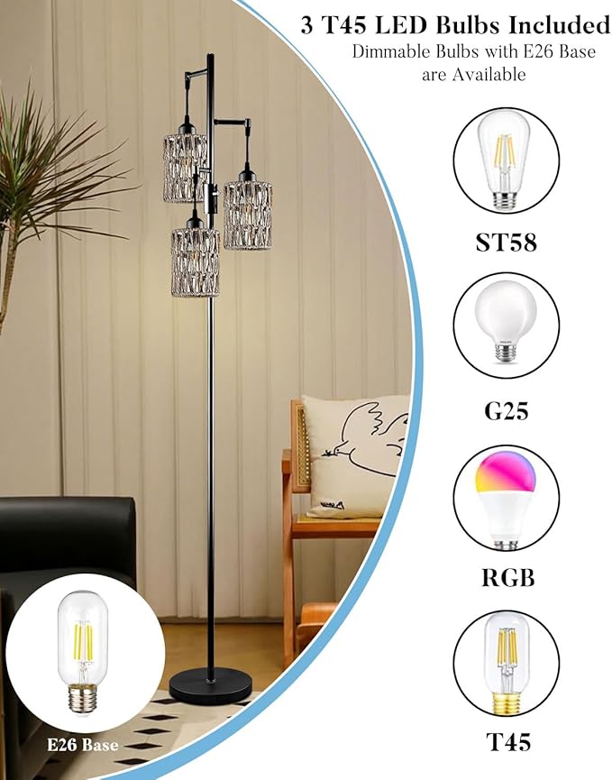 Lightdot 67" Dimmable Floor Lamp for Living Room, Industrial 3-Light Tree Floor Lamp with Black Rattan Cages, Bohemian Tall Standing Lamps, Modern Floor Lighting for Bedroom Office, E26 Base