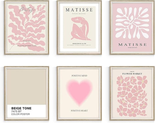 Habseligkeit Pink Matisse Wall Art Prints, Abstract Wall Art Exhibition Posters, Vintage Wall Art Prints, Retro Room Decor for Girl's Bedroom 8x10 inch, Framed