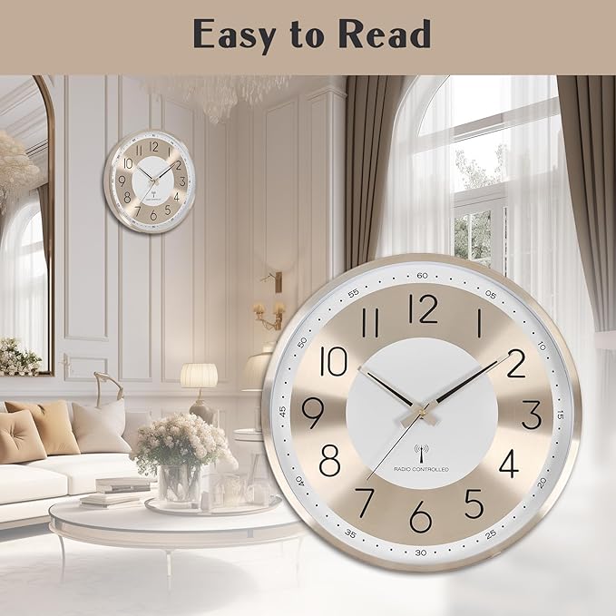 Atomic Analog Wall Clock 14 Inch Battery Operated Wall Clocks Radio Controlled Clock Sets Automatically Gold Large Wall Clock Decor Kitchen Living Room Bedroom
