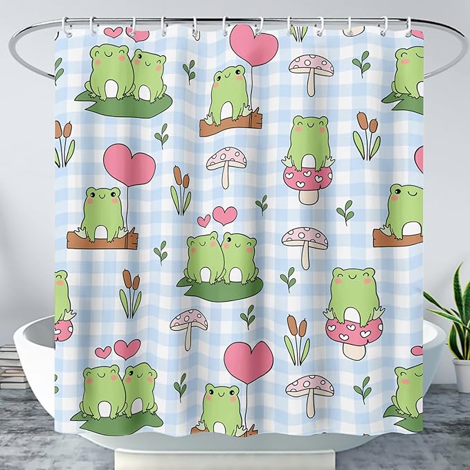 AILONEN Kawaii Frog Shower Curtain,Cute Cartoon Mushroom Frog Bath Curtain,Romantic Frog Couple Hearts Printed Waterproof Blue Stripe Curtain, 36" W x 72" H