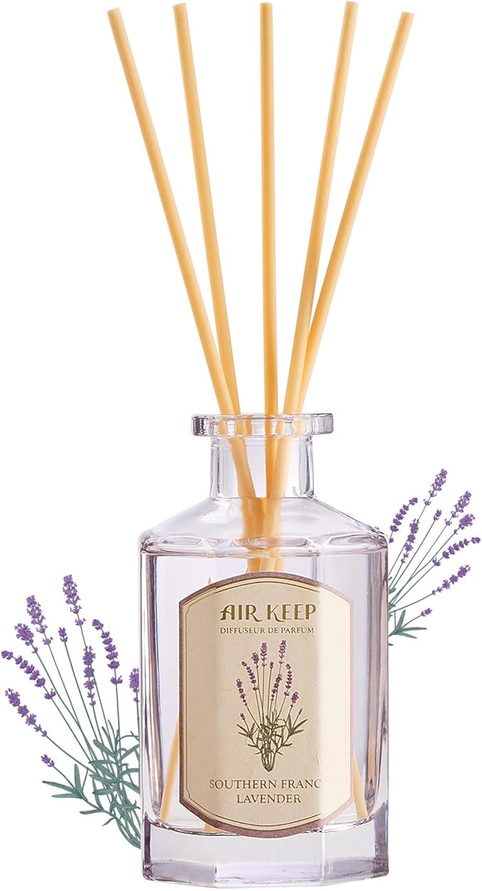 Airkeep Reed Diffuser Set-6.09 oz (180ml) Lavender Southern France Scented Diffuser with 8 Reed Sticks Home Fragrance Oil Diffuser for Bathroom Shelf Decor