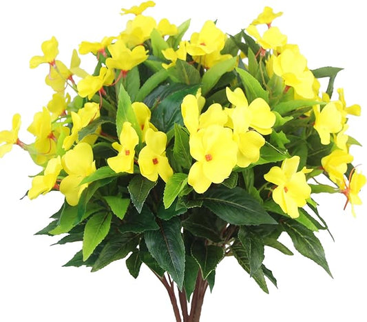 4 Pcs Artificial Flowers Outdoor Impatiens UV Resistant Silk Impatiens Flowers Yellow Faux Flowers Impatiens Bushes Artificial Impatiens for Pot Patio Lawn Garden Hanging Basket Porch Decor