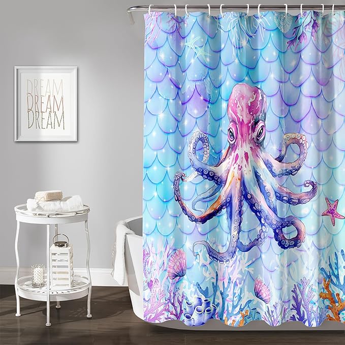 AILONEN Cartoon Octopus Shower Curtain 72"W*72"H For Bathroom, Ocean Coral Shell Fish Scale Print Bathroom Curtain for Kids Girls Women Bath Curtain Polyester Waterproof Shower Curtain With 12 Hooks