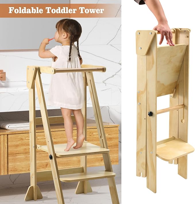 Folding Toddler Step Stool, Wooden Montessori Toddler Tower, Kitchen Tower, Kids Step Stool Toddler Tower for Toddlers and Kids 2-6 Years.