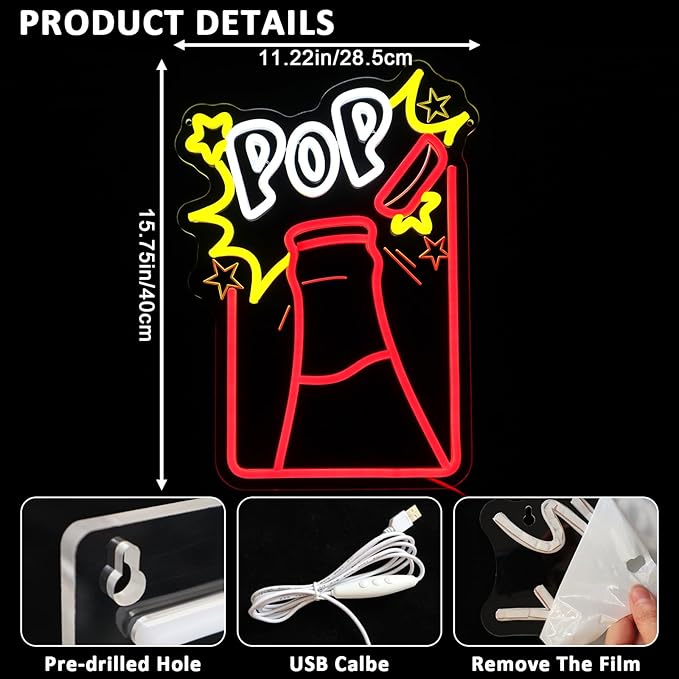 Pop Neon Sign for Wall Decor, Drink Led Signs for Bar, USB Dimmable Pop Champagne Neon Lights for Beer Bar Hotel Cafe Nightclub Restaurant Man Cave Home Bedroom Party Decoration