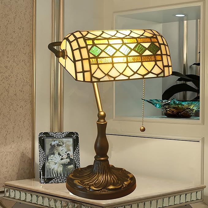 Tiffany Style Bankers Table Lamp Stained Glass Piano Desk Lamp Vintage Bedroom Bedside Lamp for Study,Antique Alloy Base,Zipper Switch,Green e