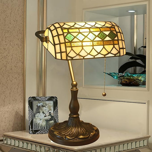 Tiffany Style Bankers Table Lamp Stained Glass Piano Desk Lamp Vintage Bedroom Bedside Lamp for Study,Antique Alloy Base,Zipper Switch,Green e