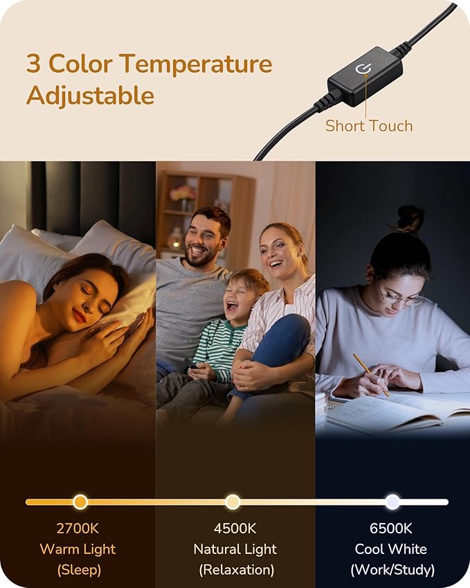 EDISHINE Upgraded LED Table Lamp, Dimmable Bedside Lamp, 3 Color Temperature, Power Cord Touch Switch Desk Lamp, Minimal Nightstand Lamp for Bedroom, Living Room, Gift, Metal Finish, Eye Caring, White