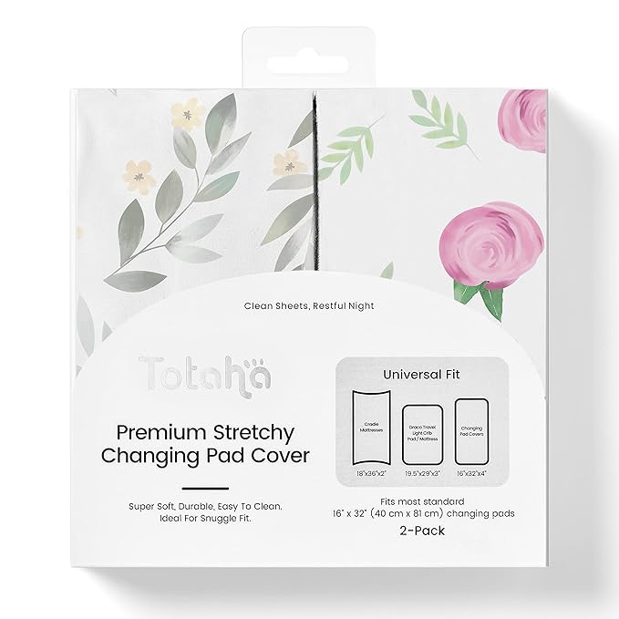 TotAha Premium Stretchy Changing Pad Covers (2-Pack)-Hypoallergenic, Silky Comfort, Buttery Soft, Calming Effect, All-Season Jersey-Knit 32'' X 16'' X 5'' Deep Pocket (Pink Buds & Green Leaves)