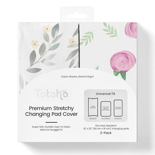 TotAha Premium Stretchy Changing Pad Covers (2-Pack)-Hypoallergenic, Silky Comfort, Buttery Soft, Calming Effect, All-Season Jersey-Knit 32'' X 16'' X 5'' Deep Pocket (Pink Buds & Green Leaves)