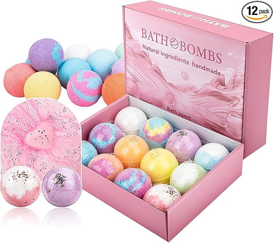 Natural Handmade Bath Bombs Salt Balls Gift Set, 12 PCS with Sea Salt & Shea Butter, Moisturizing Dry Skin, Stress Relief, Bubble Bath, Perfect Care Relaxing Spa Gifts for Women, Men & Kids