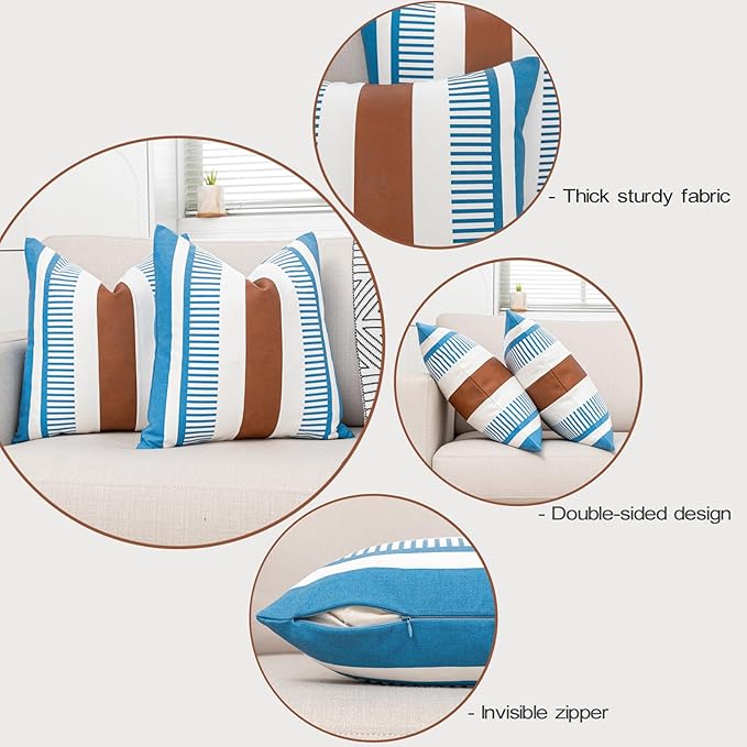 18x18 Throw Pillow Covers Set of 2 Farmhouse Rustic Pillow Case Decorative Boho Cushion Cover for Living Room Sofa Bed Couch Accent Faux Leather Pillow Case,Blue