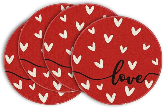Artoid Mode Red Love Round Valentine Placemats Set of 4, 14 Inch Anniversary Wedding Round Table Mats for Dining Decoration