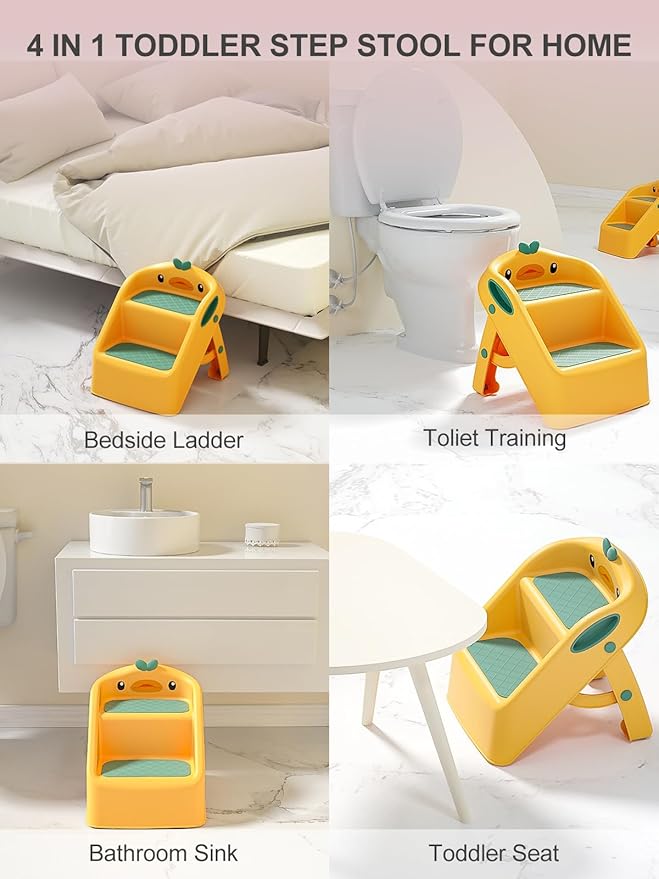 Toddler Step Stool Folding, Yellow, 2 Step Stool for Kids Bathroom Sink Potty Toilet, Gift to Give Stepping Stool for Todders 1-3, 11" 2 Steps & 4" Child Back Support, Easy to Use & Carry & Wash