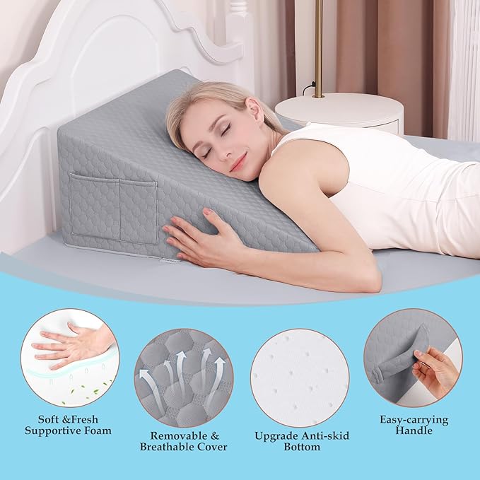 Forias Wedge Pillow for Sleeping,10" Bed Wedge Pillow for After Surgery,Acid Reflux,Snoring,Memory Foam Top Triangle Pillow Wedge with Breathable Removable Cover
